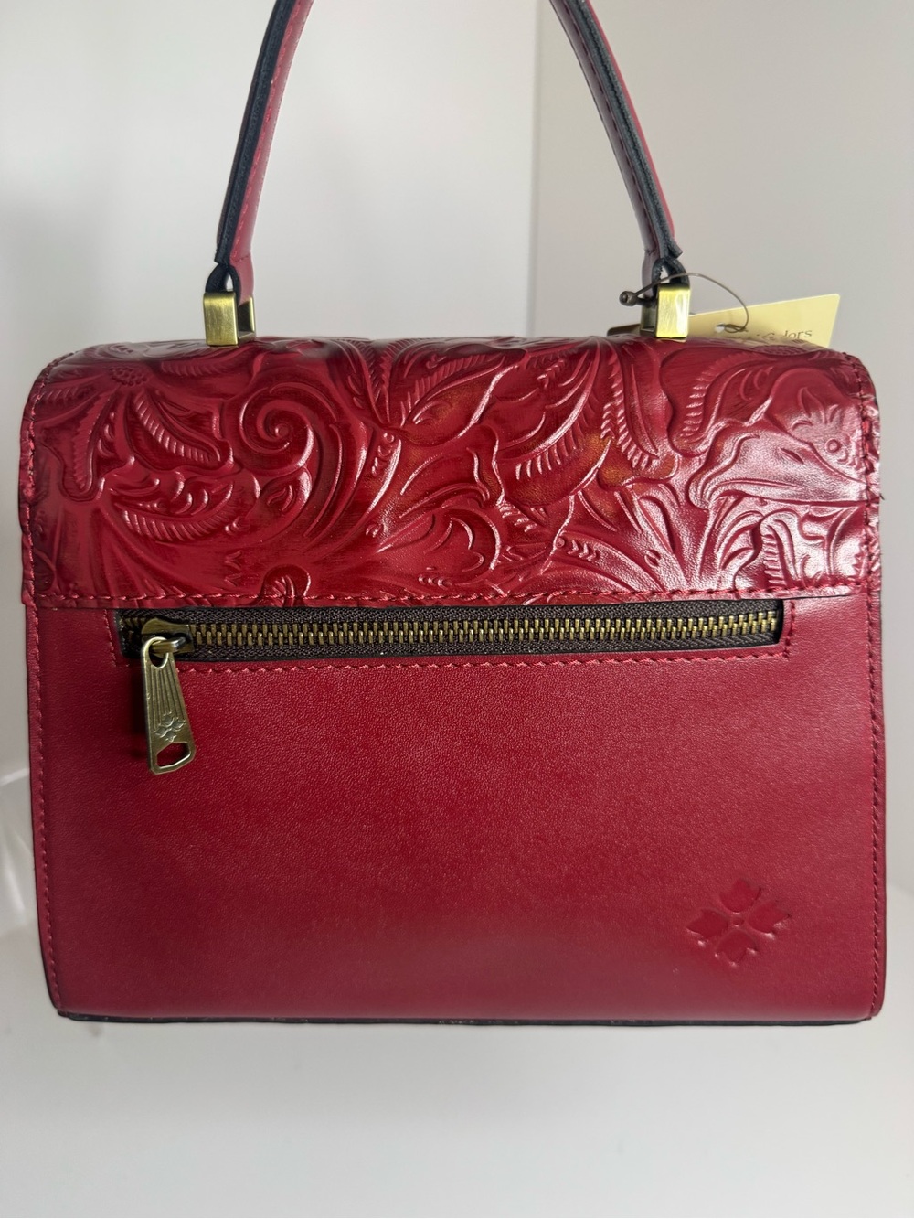 #438 Patricia Nash NWT Chauny Red Floral Burnished Tooled Leather Two-Way Bag - Picture 11 of 15